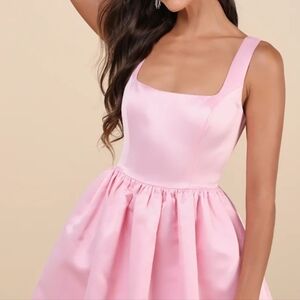 Regal Cutie Light Pink Satin Square Neck Bubble-Hem Mini Dress Light Pink